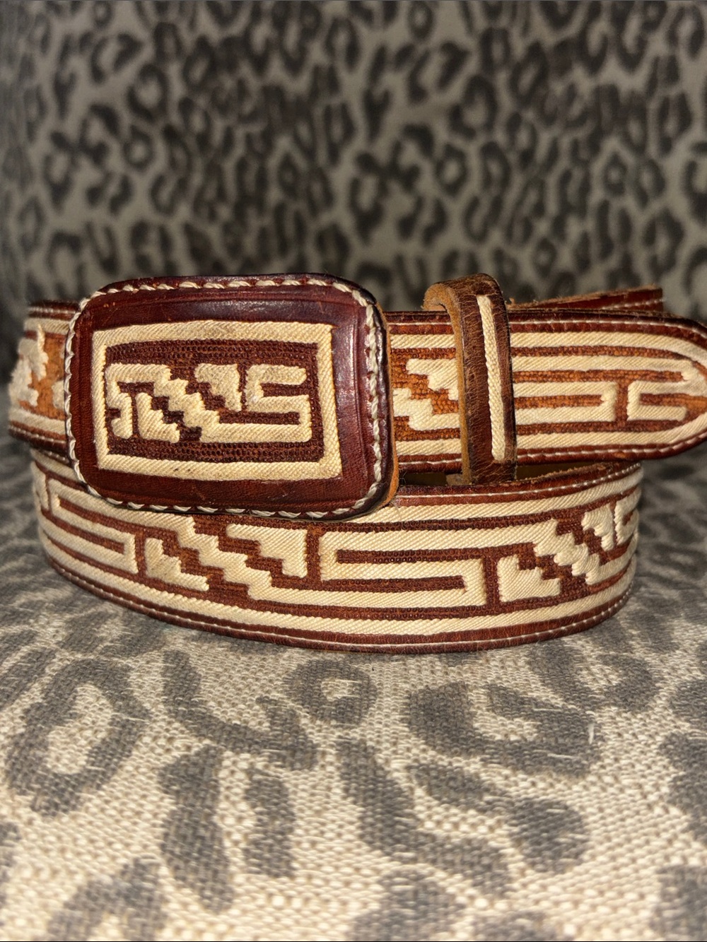 Western embroidered charro cowboy belt cream brown leather Aztec geometric 34